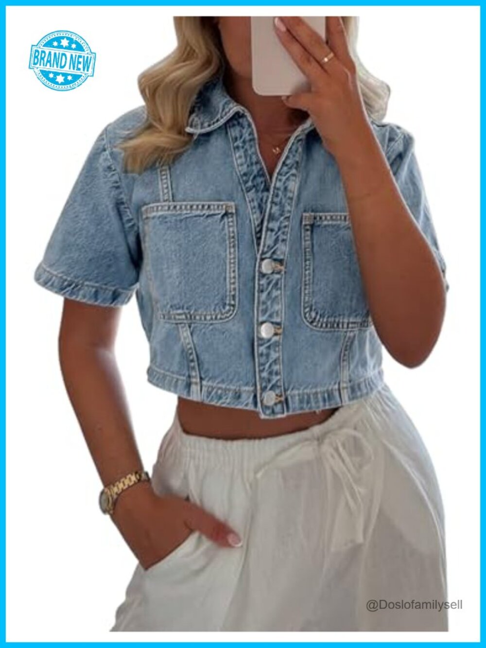 Women's Short Sleeve Crop Denim Jacket Button Down Jean Shirt